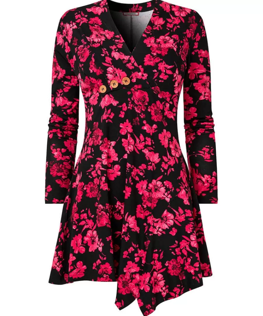 Hot Joe Browns Button Detail Printed Jersey Tunic Top Black