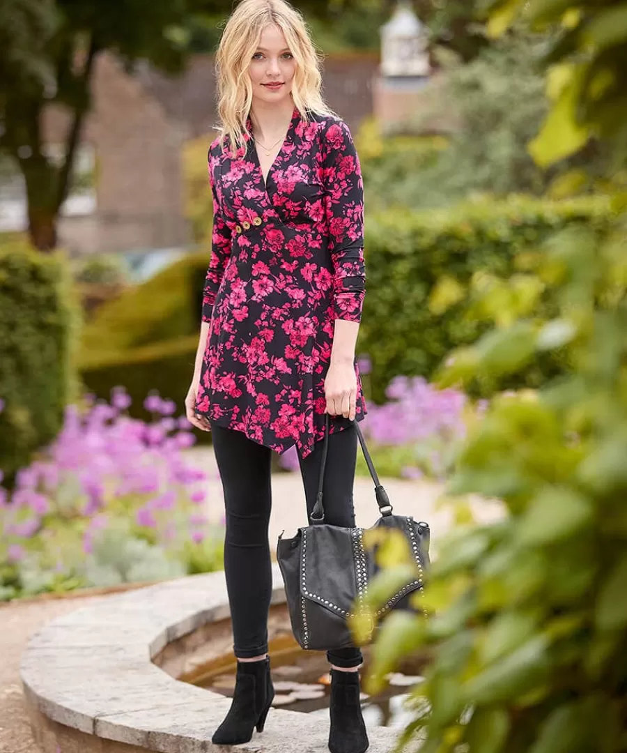 Hot Joe Browns Button Detail Printed Jersey Tunic Top Black