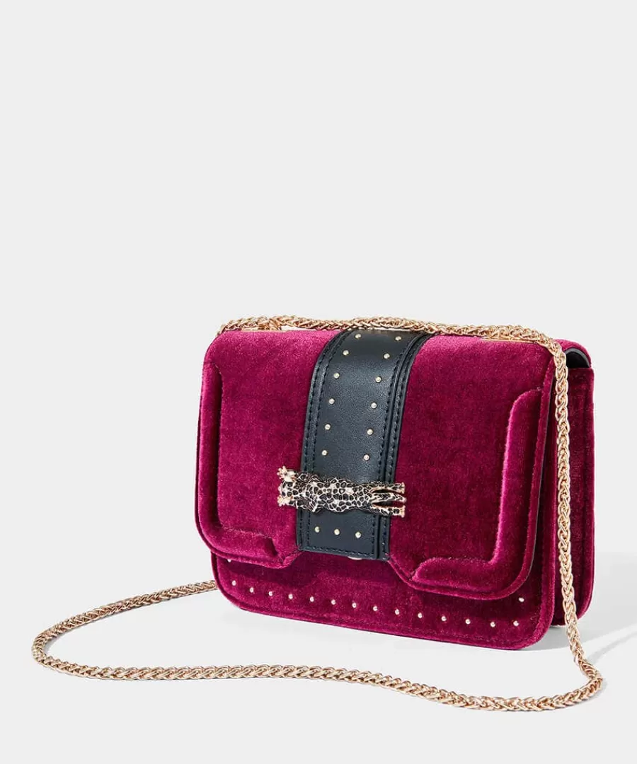 Hot Joe Browns Leopard Trim Deco Velvet Bag Dark Red