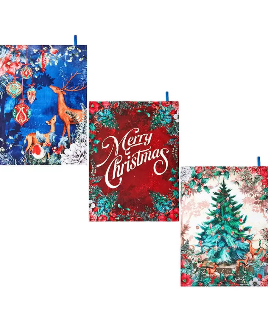 Store Joe Browns Wondrous Woodland Pack Of 3 Christmas Tea Towels Blue